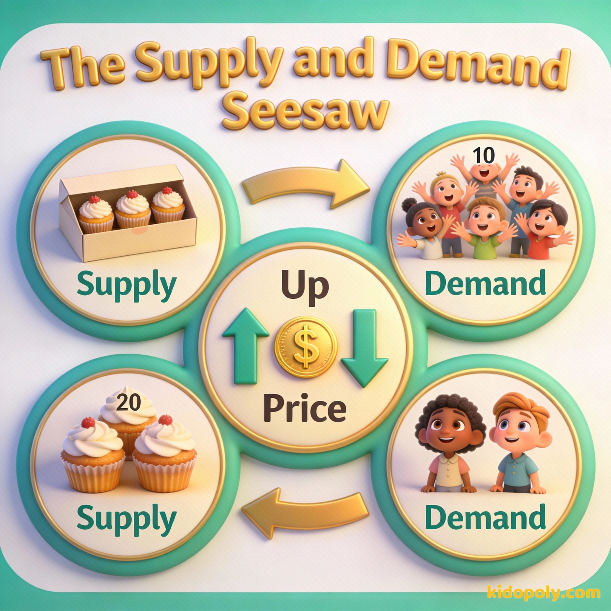 Un diagrama que muestra cómo la baja oferta y la alta demanda hacen que los precios suban, mientras que la alta oferta y la baja demanda hacen que bajen.