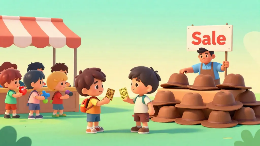 Dos niños en un mercado mostrando una gran demanda por una carta rara y poca demanda por gorras sencillas.