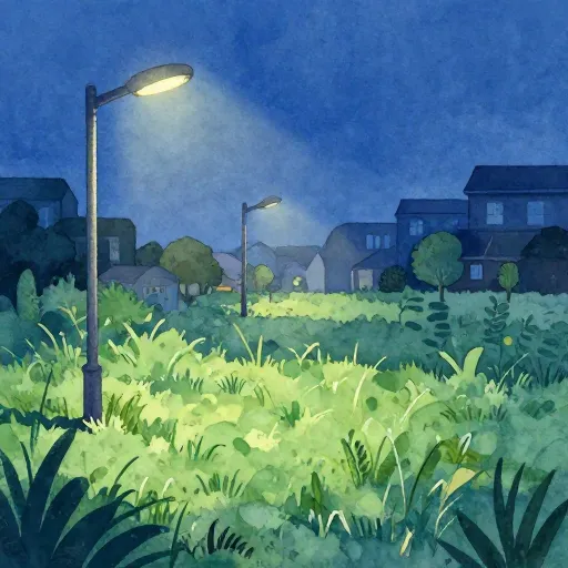 Un pueblo con el césped muy alto y farolas apagadas