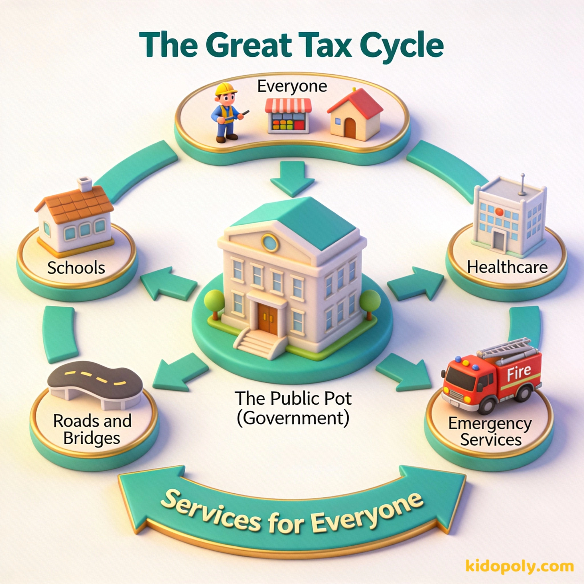 Diagrama que muestra cómo fluye el dinero de las personas al gobierno y de vuelta a los servicios públicos