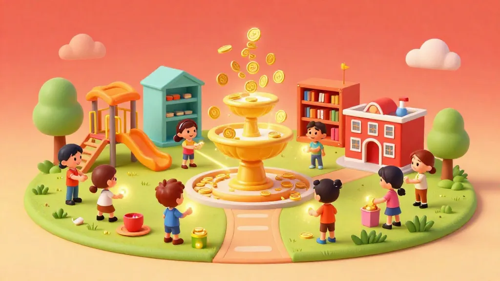 Ilustración de dibujos animados de una comunidad construyendo un parque juntos con monedas compartidas