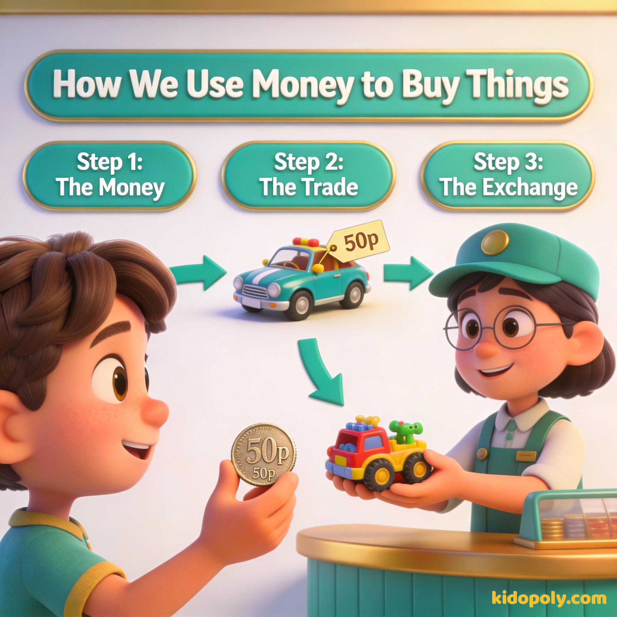 Un diagrama sencillo que muestra a un niño intercambiando una moneda por un coche de juguete