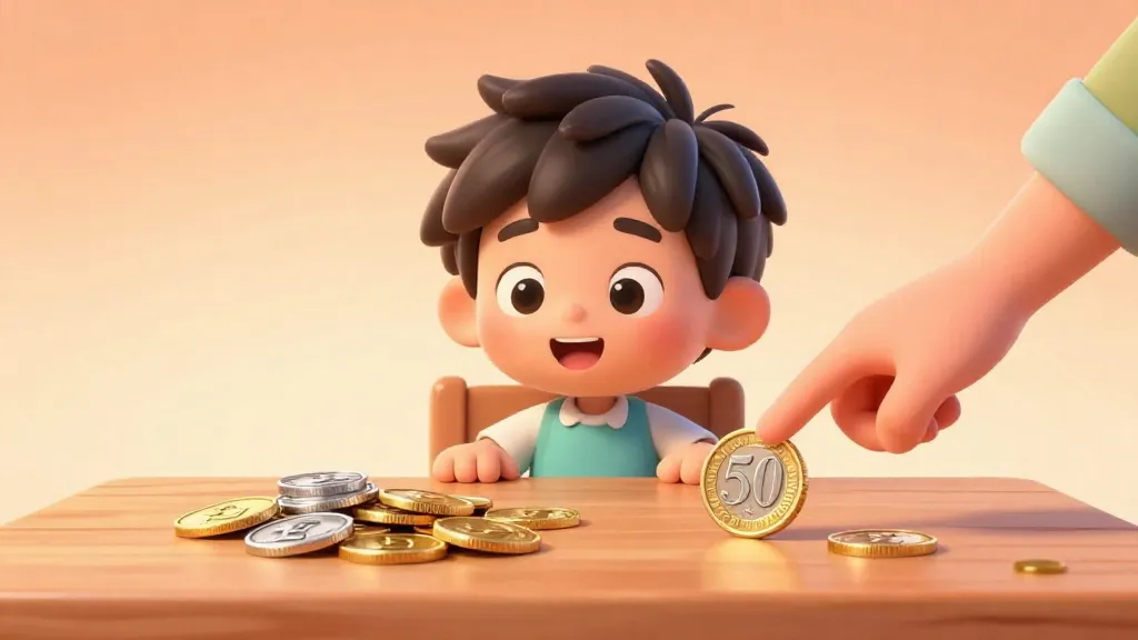 Un niño de cinco años y su padre mirando monedas sobre una mesa