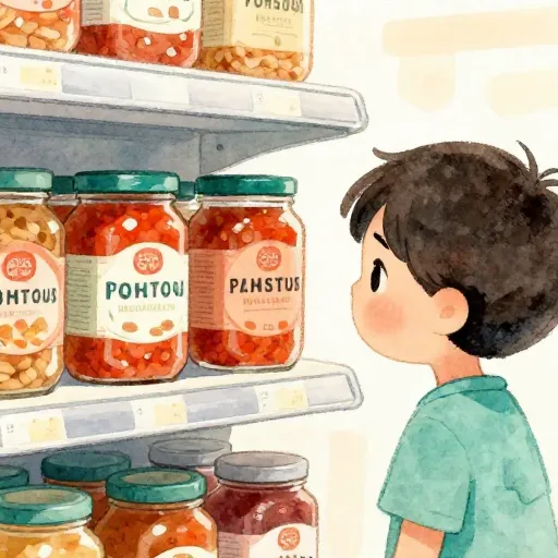 Un niño comparando precios en el supermercado.