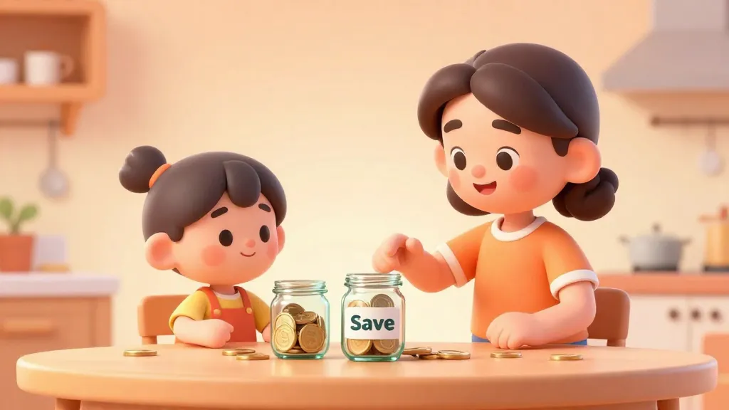 Un padre y un niño sentados a la mesa aprendiendo a ahorrar con tres frascos de cristal.