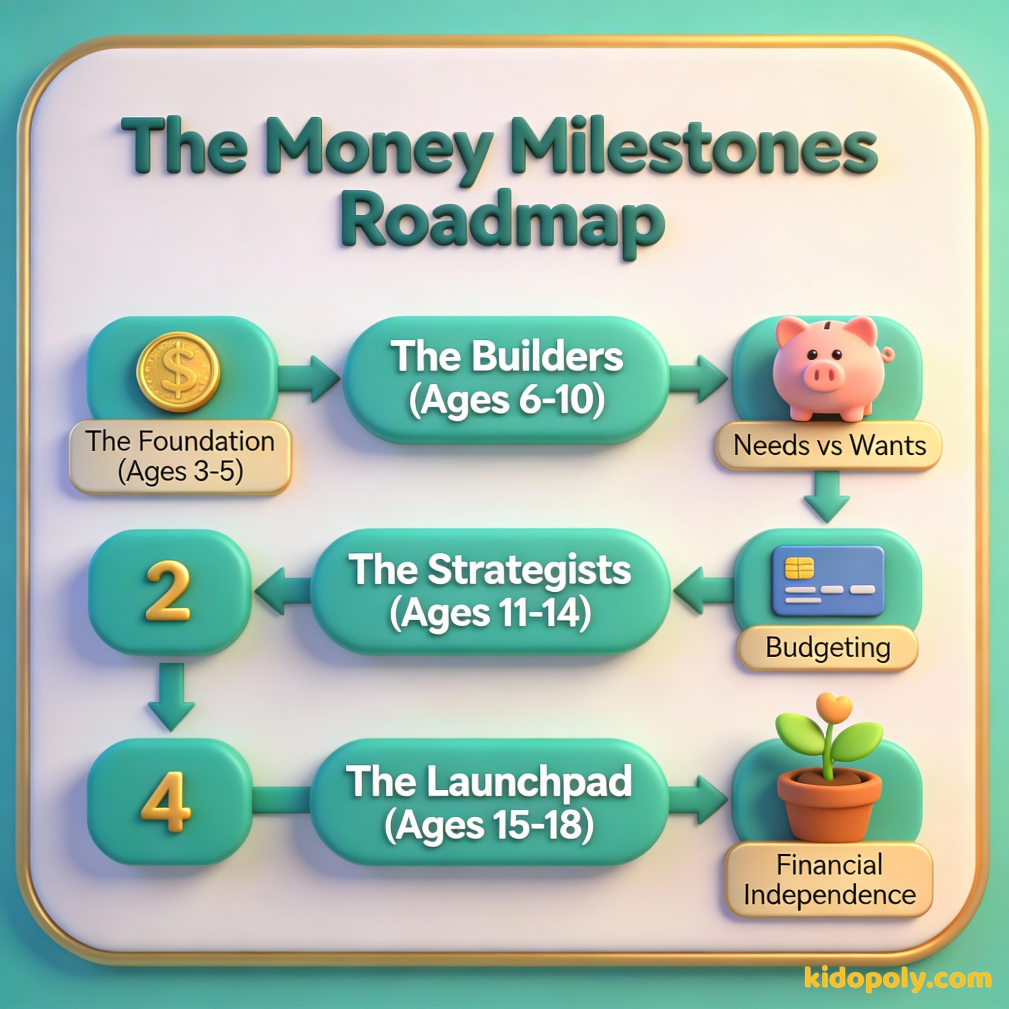 Una hoja de ruta que muestra la progresión de las habilidades financieras desde los 3 hasta los 18 años.