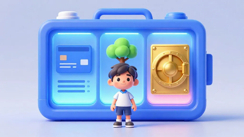 Un niño explorando una caja de herramientas digital que representa diferentes tipos de cuentas bancarias