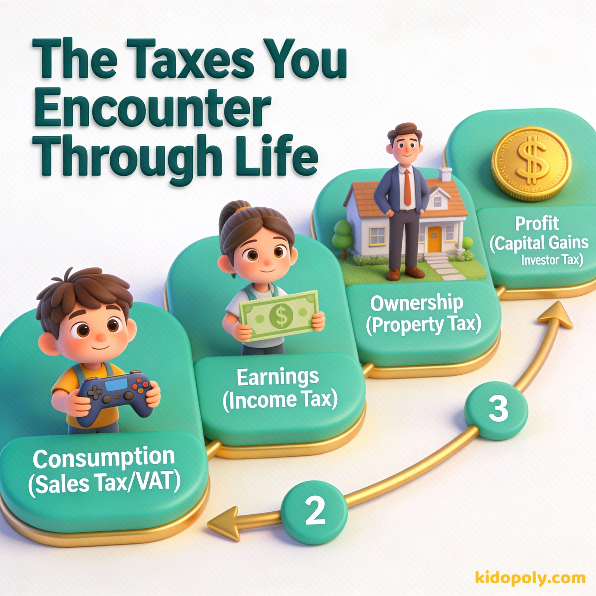 Un diagrama cronológico que muestra cuándo la gente paga impuestos sobre las ventas, la renta, la propiedad y las ganancias de capital.