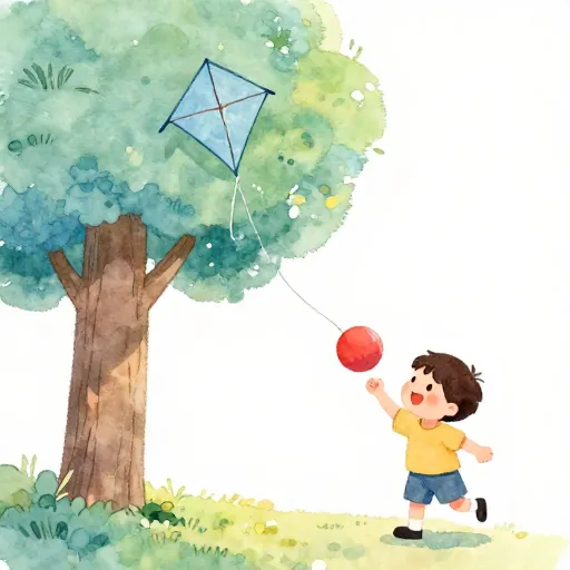 Una cometa en un árbol frente a un niño jugando con un balón