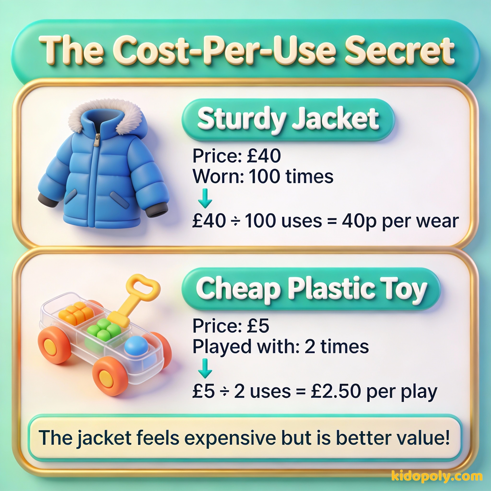 Un diagrama que compara el coste por uso de una chaqueta frente a un juguete barato