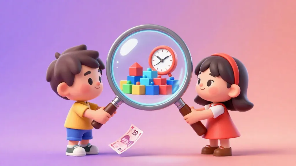Dos niños mirando dinero a través de una lupa que muestra tiempo y juguetes