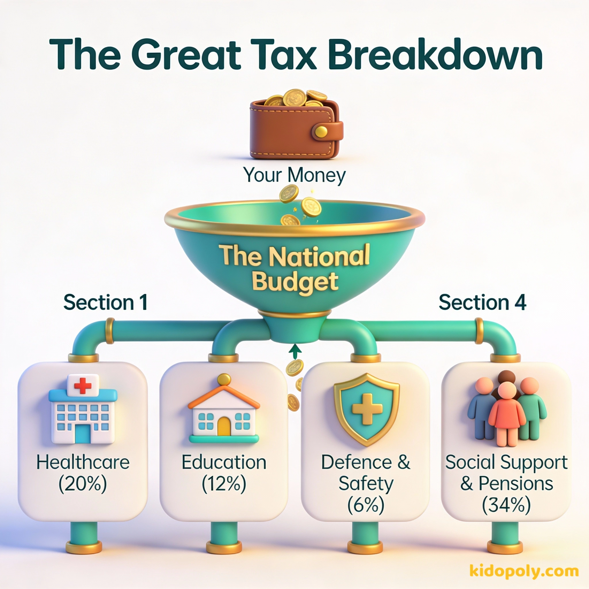 Un diagrama que muestra cómo se divide el dinero de los impuestos entre salud, educación, defensa y apoyo social.
