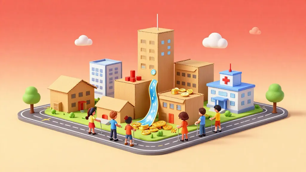 Ilustración de una comunidad construyendo una ciudad usando dinero de los impuestos representado como monedas de oro.