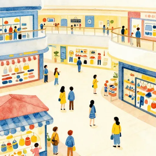 Un centro comercial tranquilo con gente mirando pero sin comprar.