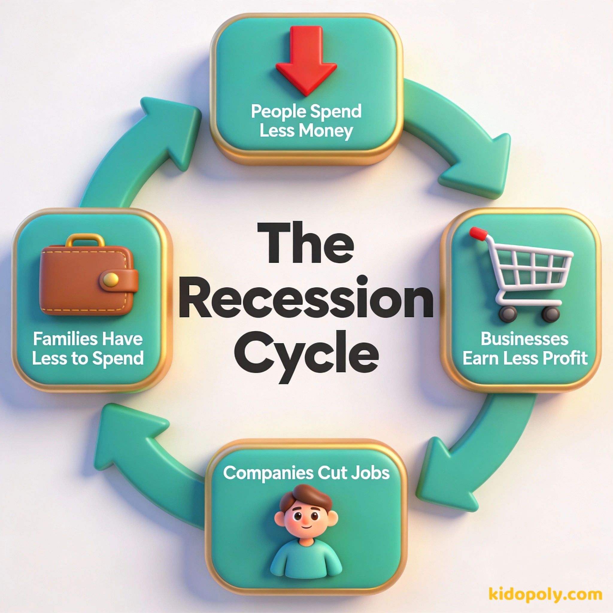 Un diagrama circular que muestra cómo gastar menos dinero lleva a tener menos empleos y menos dinero para las familias.