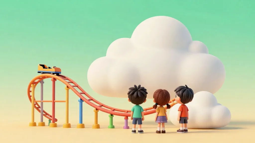 Dos niños mirando la vía de una montaña rusa que representa la economía bajando y luego subiendo.