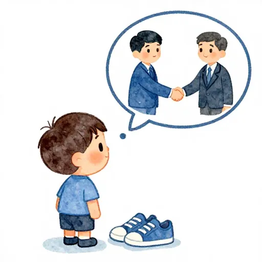 Un niño imaginando que es copropietario de una empresa de zapatillas.