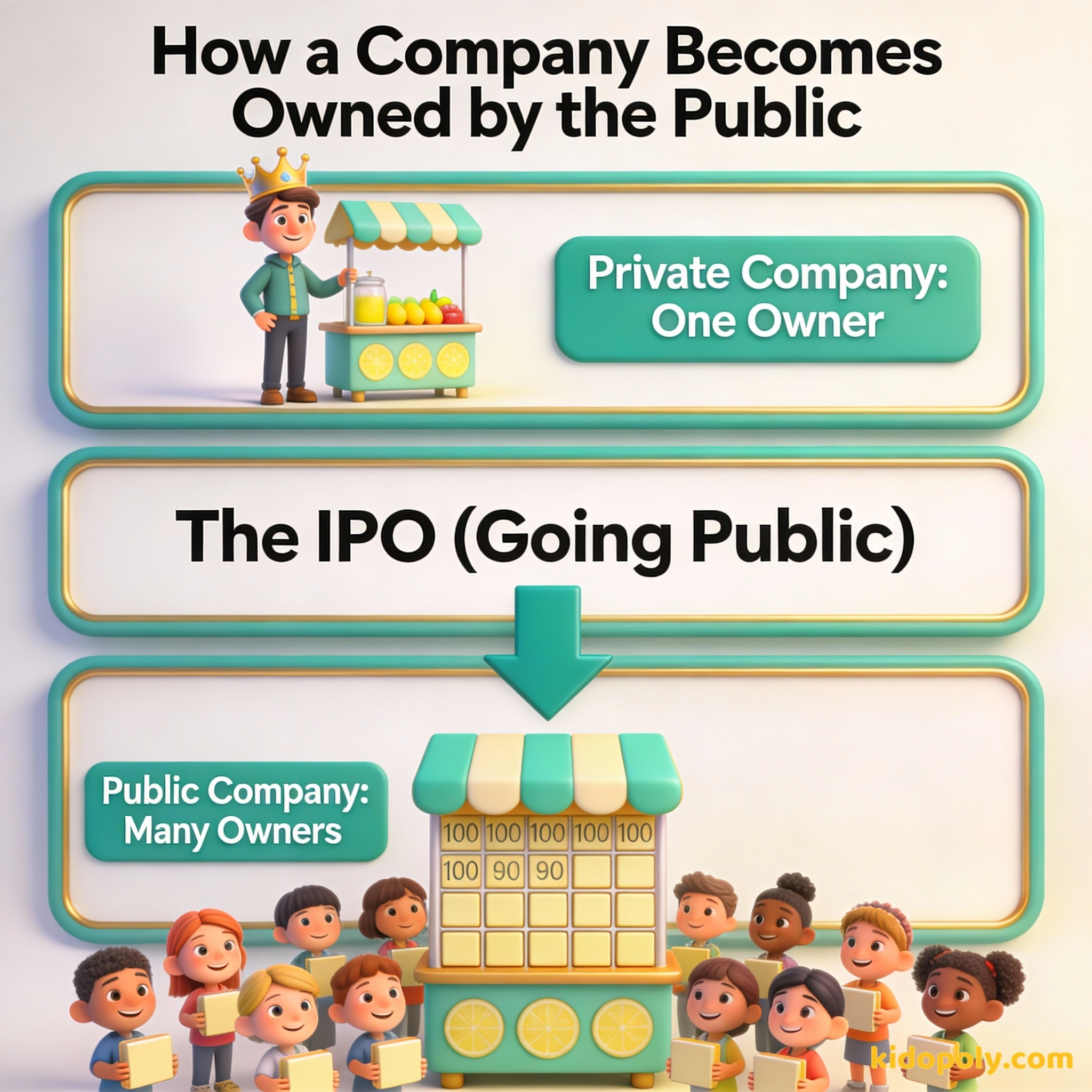 Un diagrama que muestra una empresa dividiéndose en muchas acciones para muchos dueños.