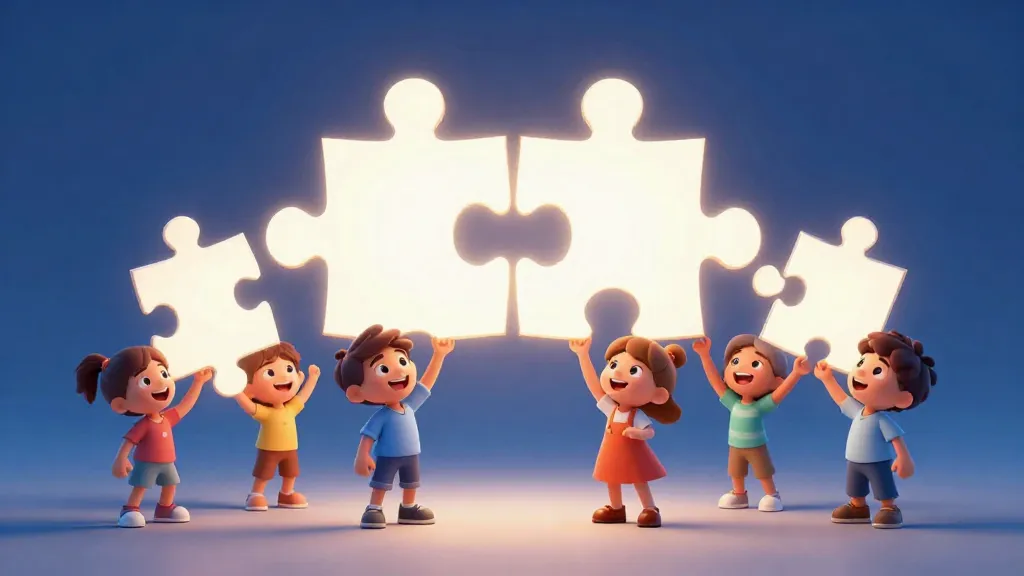 Niños sosteniendo piezas de un rompecabezas que forman el logo de una empresa, representando la propiedad de acciones.