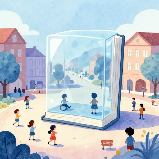 Un libro gigante brillante en la plaza de un pueblo.