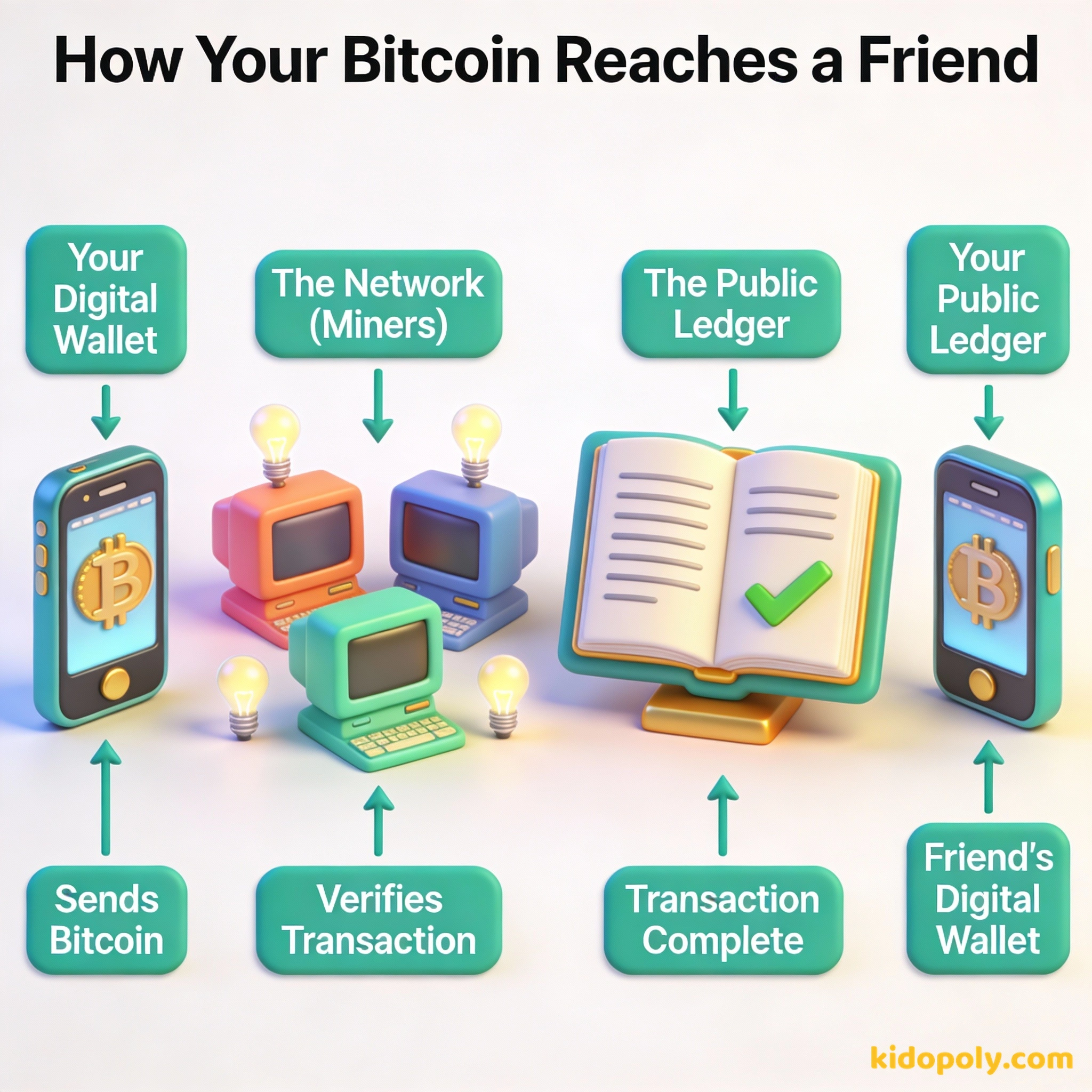 Un diagrama que muestra a Bitcoin moviéndose de una billetera a otra a través de una red de computadoras que verifican la transacción.