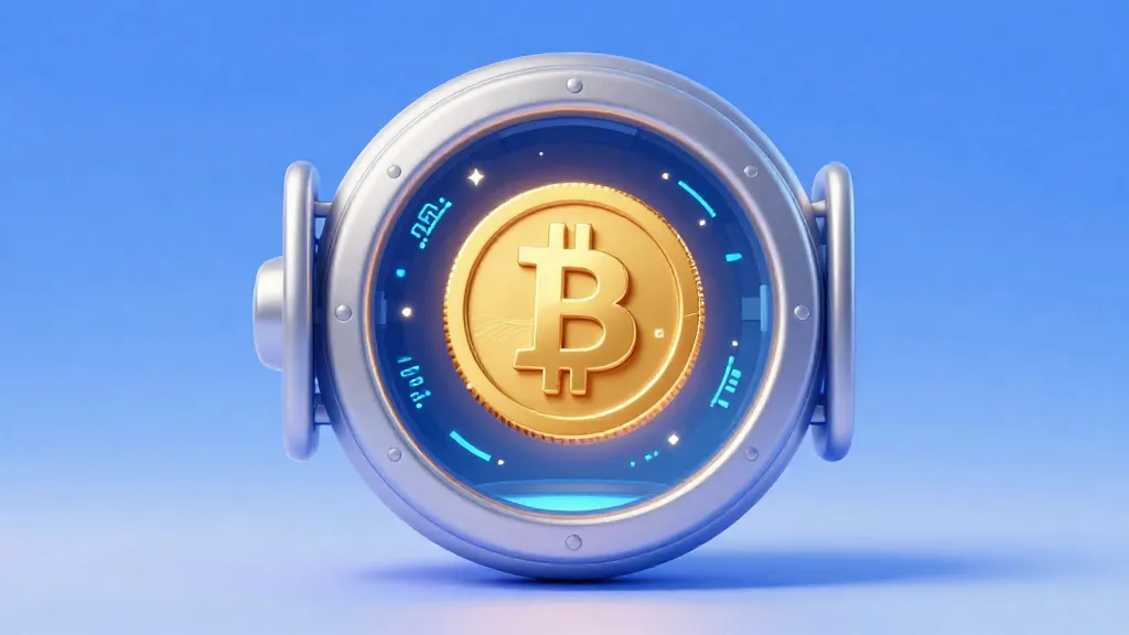 Una moneda de Bitcoin dorada y brillante flotando en una caja fuerte digital con flujos de datos.