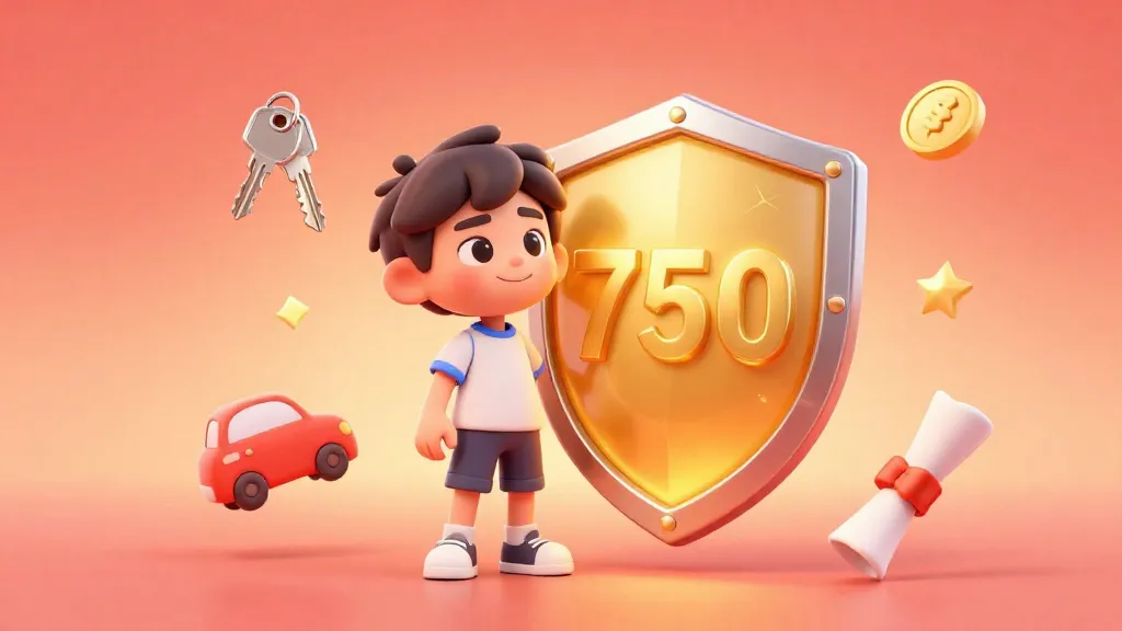 Un adolescente parado con confianza junto a un escudo dorado que muestra un puntaje de crédito alto