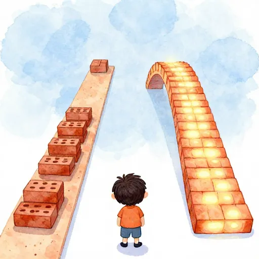 Un niño eligiendo entre un camino lento y un puente rápido.