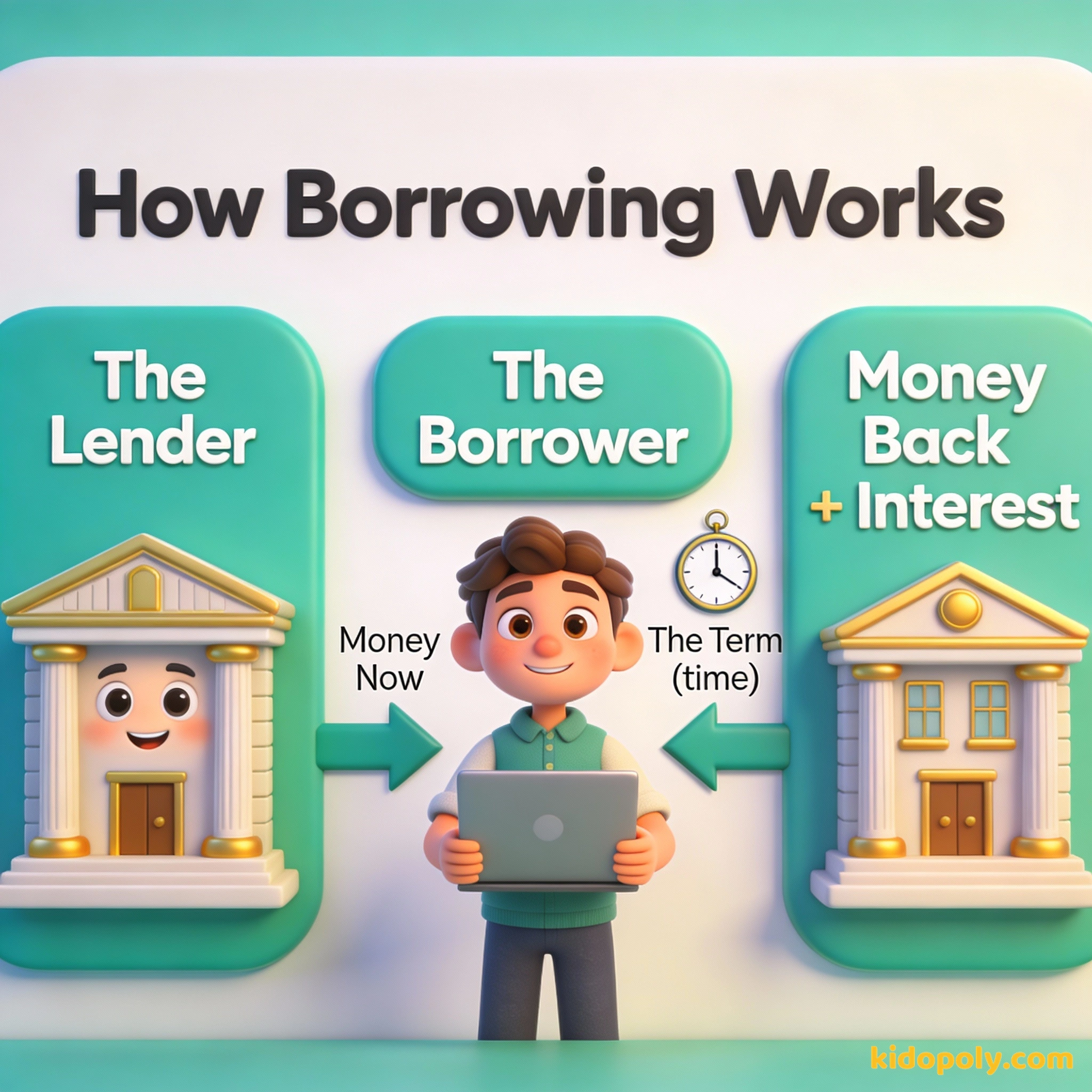 Una infografía que muestra el flujo de dinero de un prestamista a un prestatario y de vuelta con intereses.