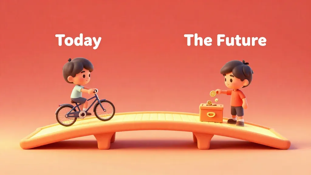 Un niño usando un puente entre el presente y el futuro para conseguir una bicicleta.