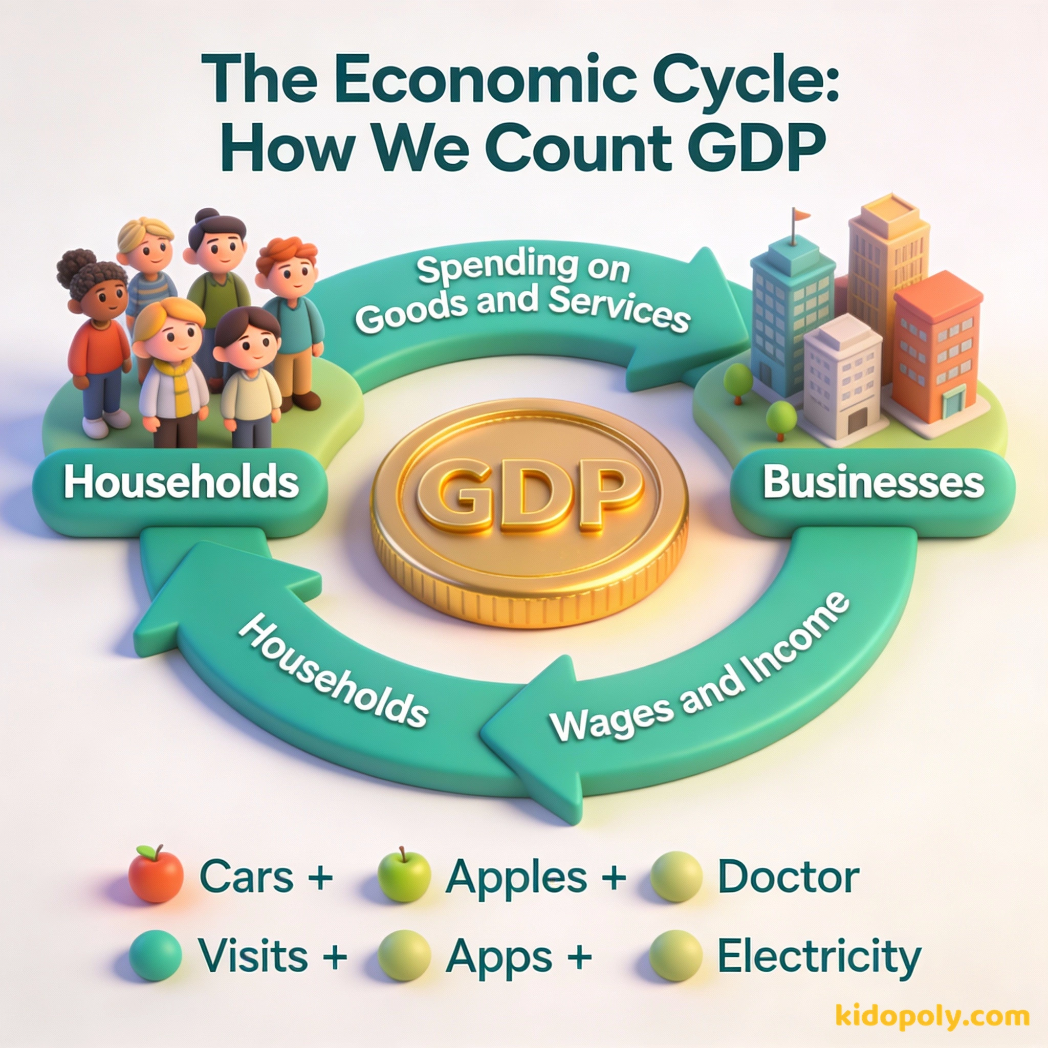 Un diagrama de flujo circular que muestra cómo el gasto entre los hogares y las empresas crea el PIB.