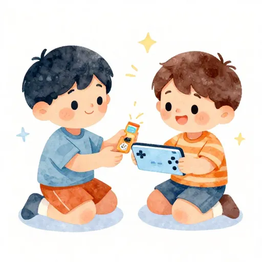 Dos niños intercambiando una consola y una carta de juego de bonificación