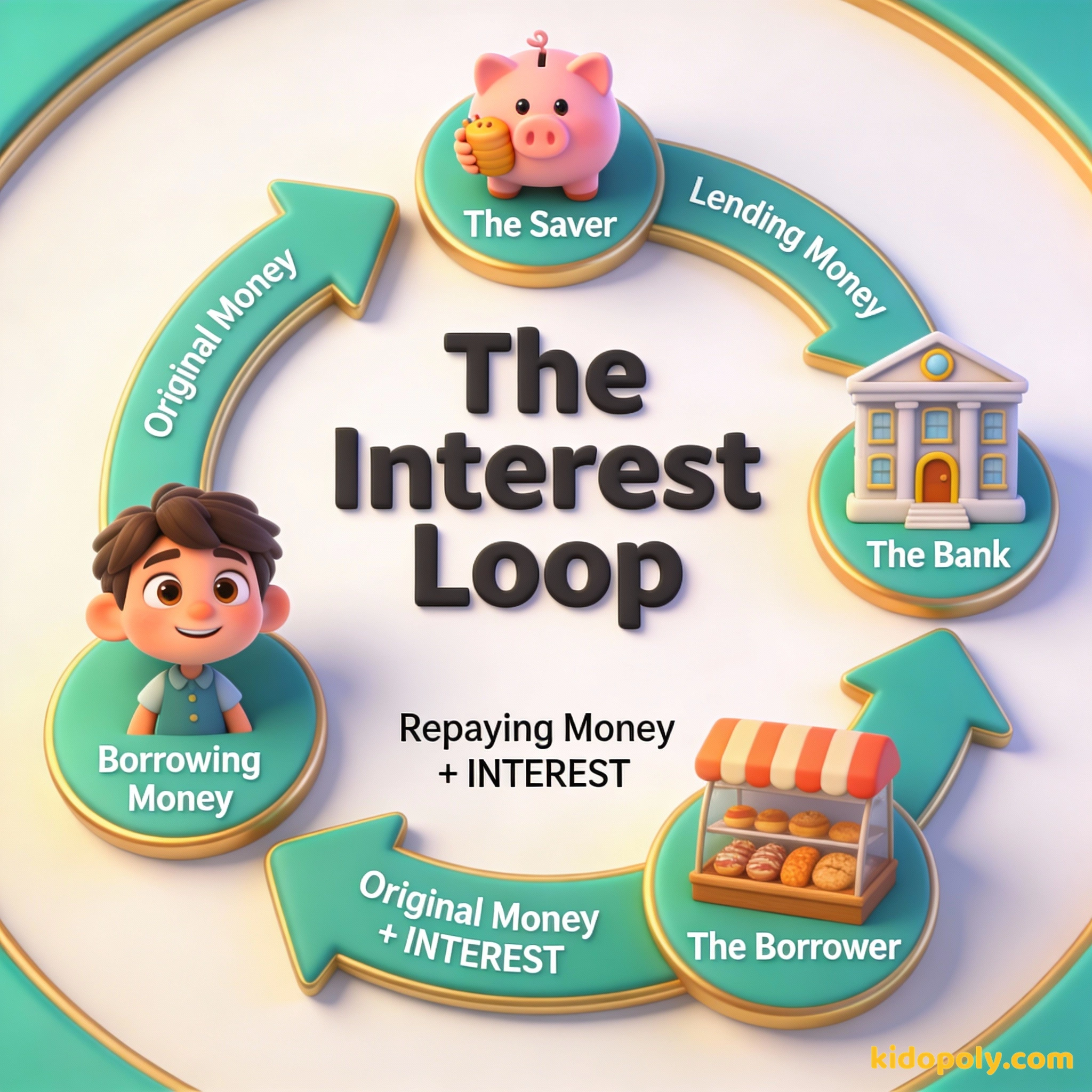 Un diagrama circular que muestra cómo el interés pasa de los que piden prestado a los que ahorran a través de un banco.