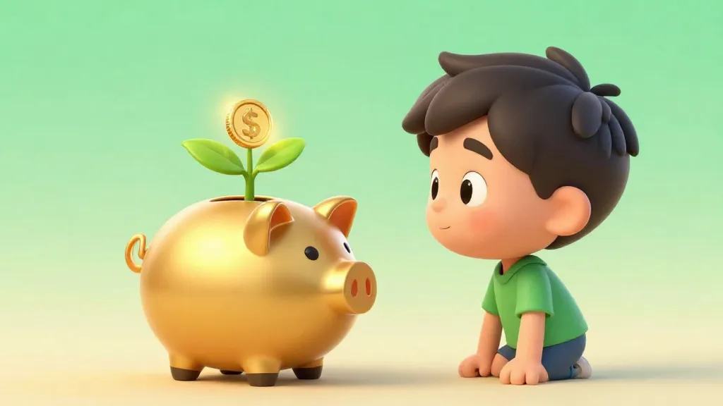 Un niño de dibujos animados viendo cómo crece una planta de monedas de una hucha