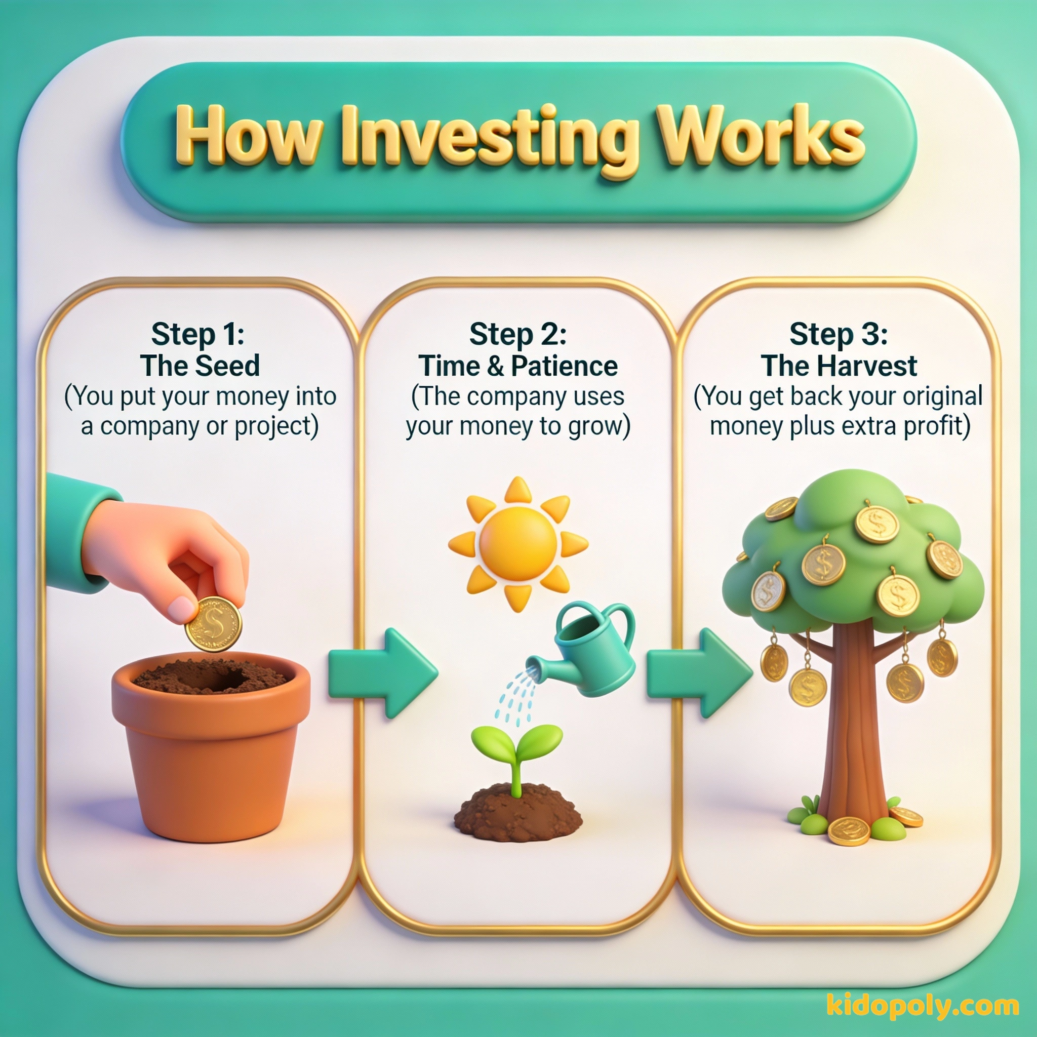 Un diagrama de tres pasos que muestra dinero siendo plantado, creciendo con el tiempo y convirtiéndose en más dinero