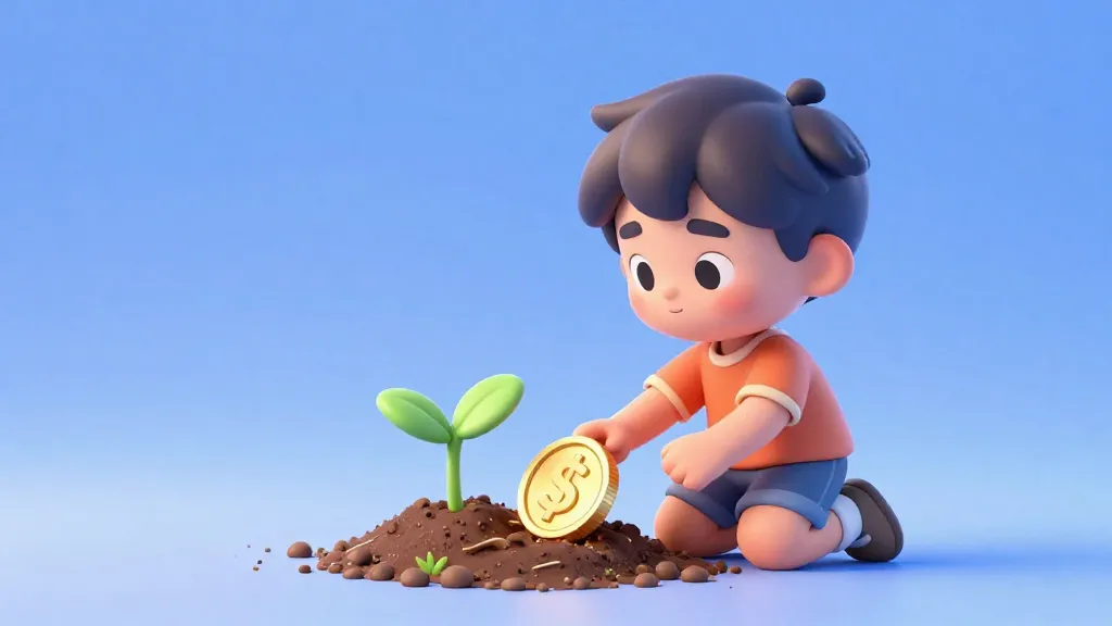 Un niño plantando una moneda que crece como una planta de dinero
