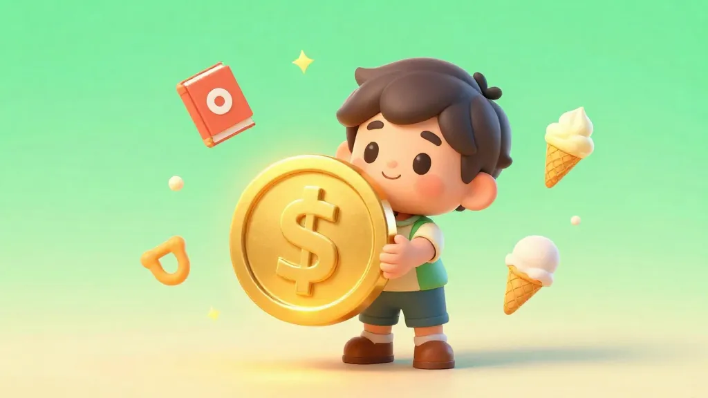 Un niño feliz sosteniendo una gran moneda brillante con iconos flotantes de juguetes y meriendas.