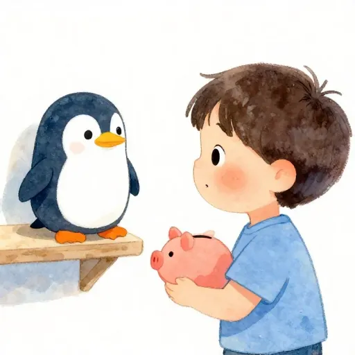 Un niño decidiendo si puede permitirse un juguete con su propio dinero.