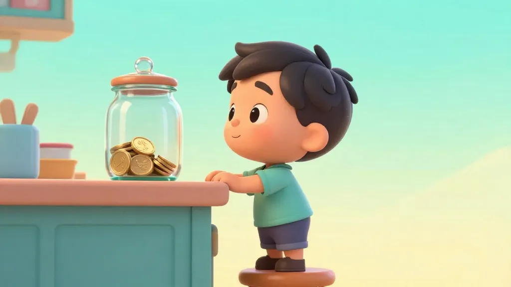 Un niño pequeño mirando con curiosidad monedas dentro de un tarro de cristal