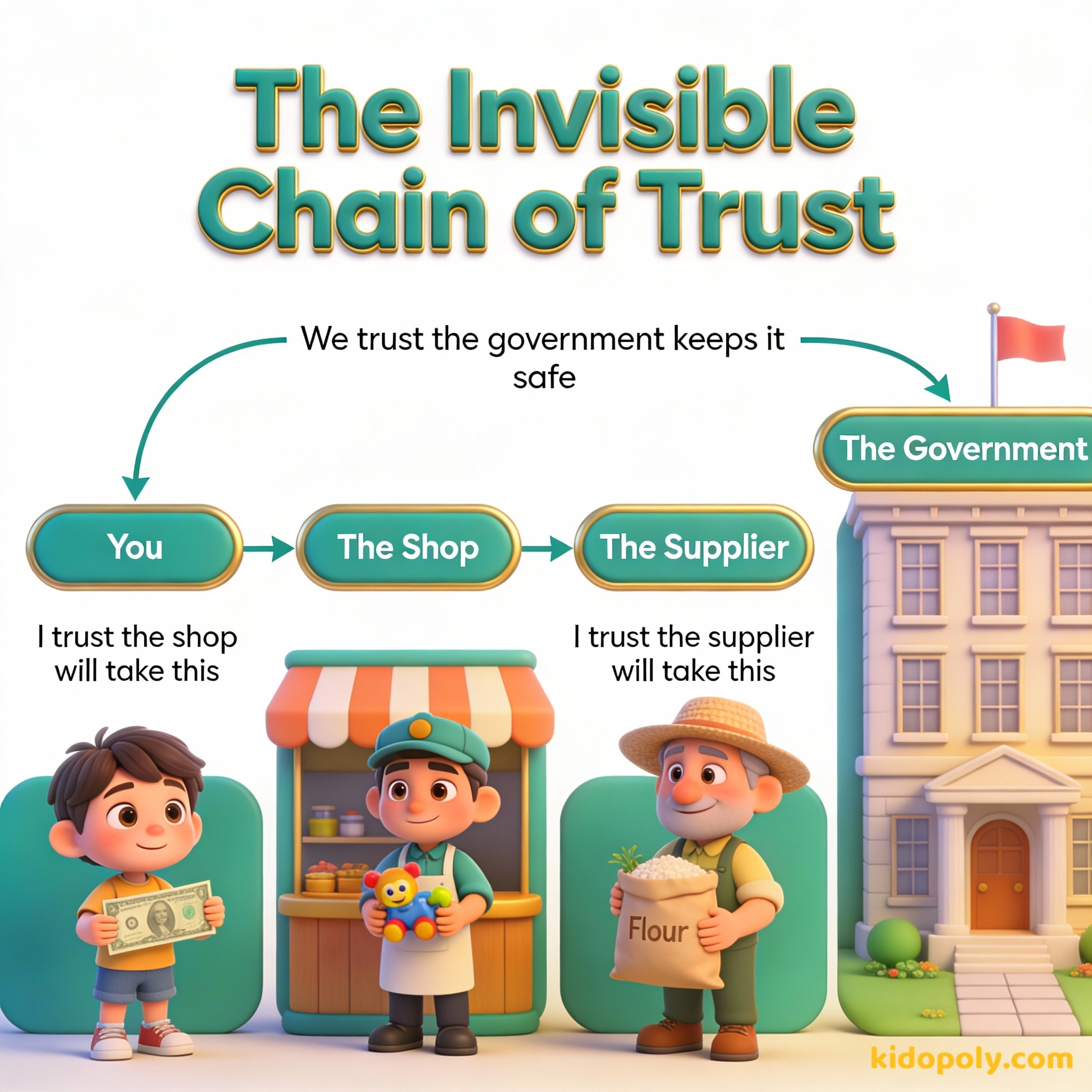 Un diagrama que muestra cómo el dinero pasa de una persona a una tienda y a un proveedor basándose en la confianza mutua.