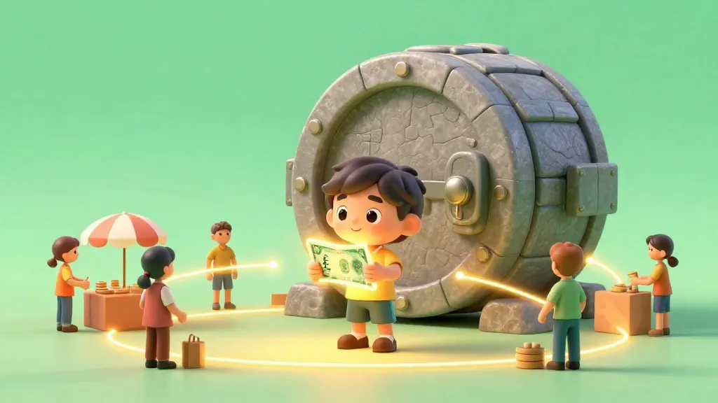 Un niño sosteniendo un billete brillante que muestra las conexiones invisibles de confianza entre las personas.