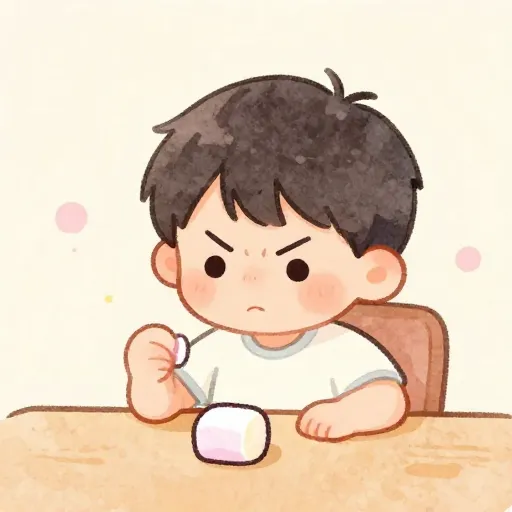 Un niño esforzándose por no comerse un malvavisco.