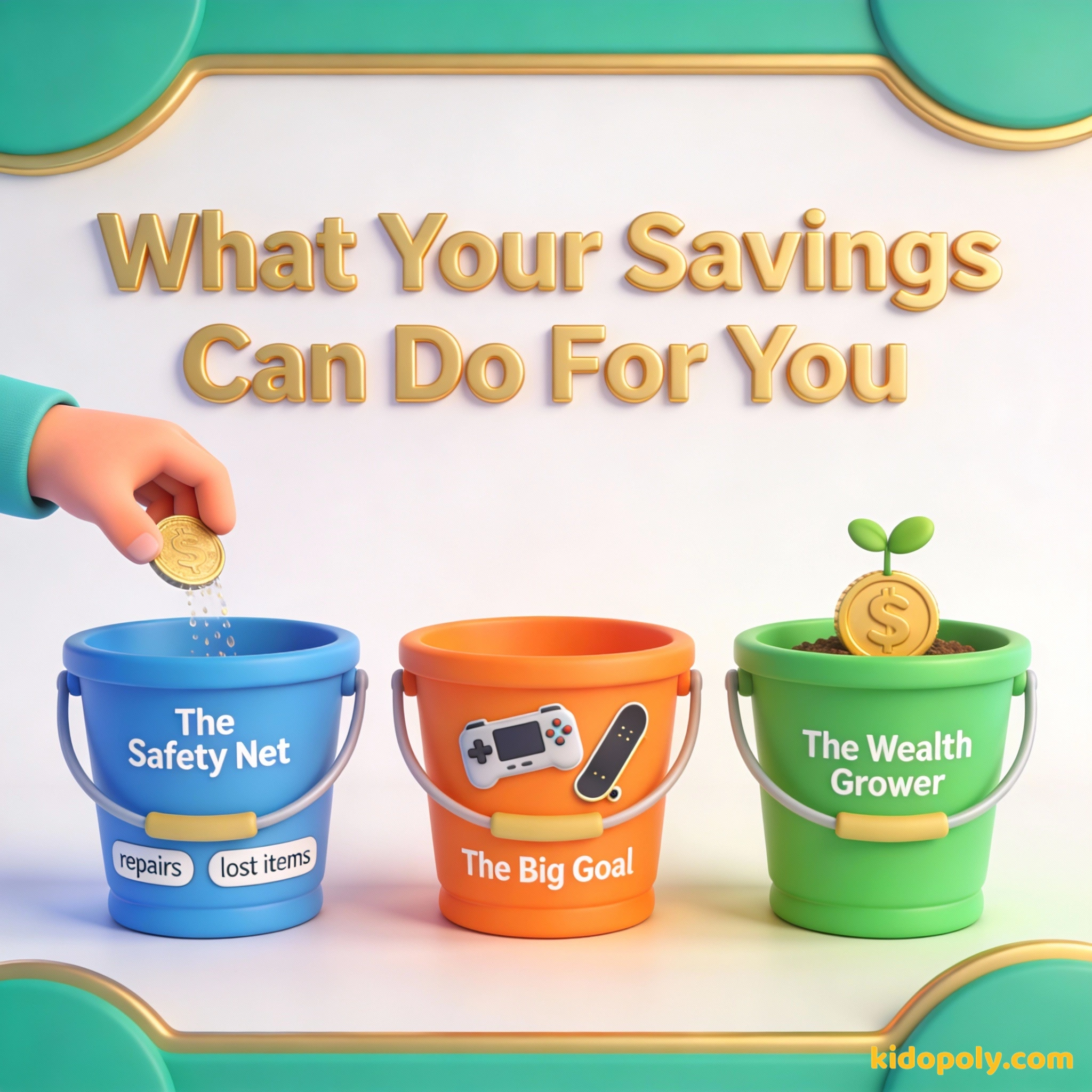 Un diagrama que muestra el dinero fluyendo hacia tres cubetas: Red de Seguridad, Gran Meta y Generador de Riqueza.