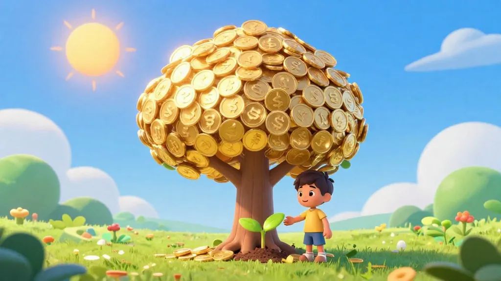 Una persona joven plantando un árbol de dinero que crece mucho con el tiempo.