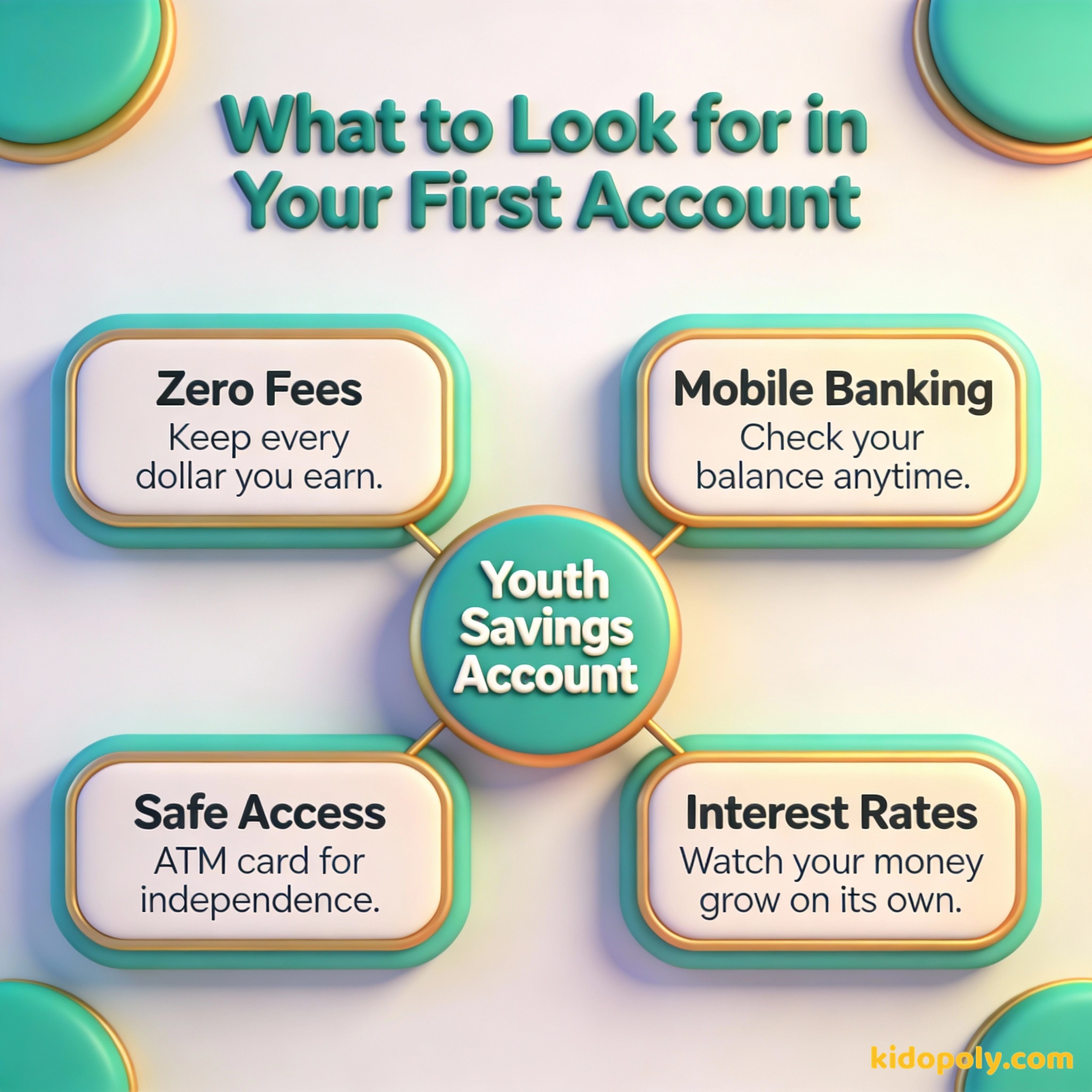 Un diagrama que describe las características clave de una cuenta de ahorro para jóvenes: cero comisiones, banca móvil, tasas de interés y acceso seguro.