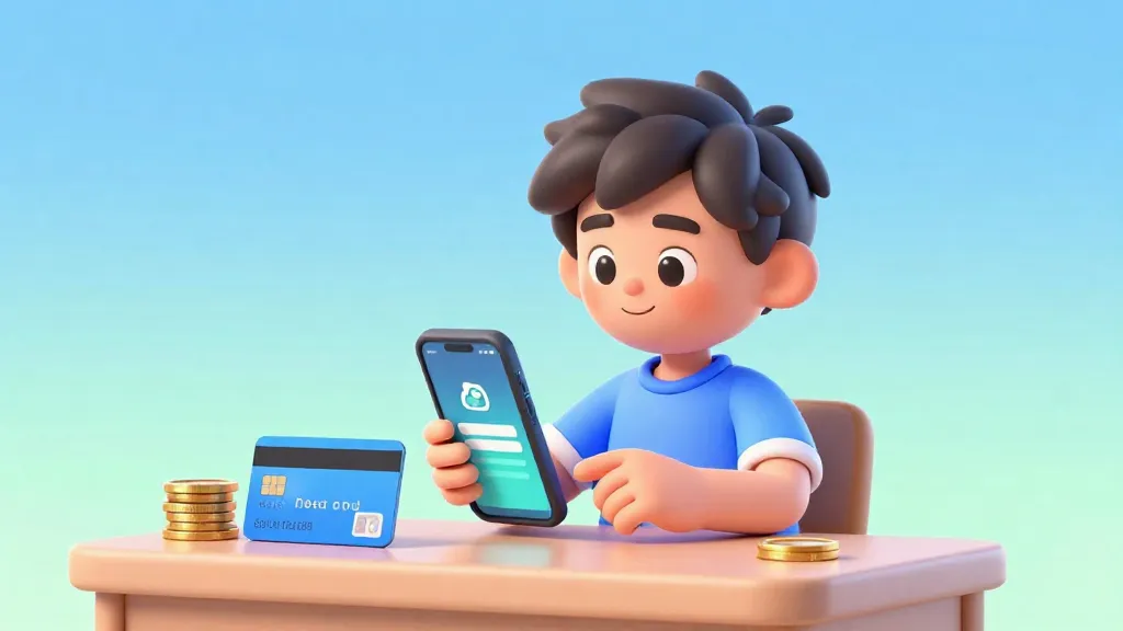 Un adolescente manejando felizmente su dinero en una aplicación de teléfono inteligente.