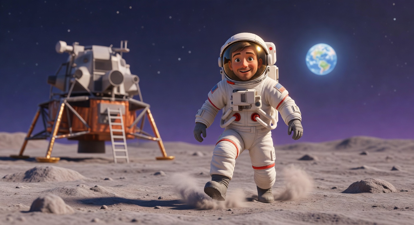 Pixar-style illustration of Neil Armstrong in his spacesuit taking the first step onto the gray, dusty Moon surface with Earth glowing in the background.