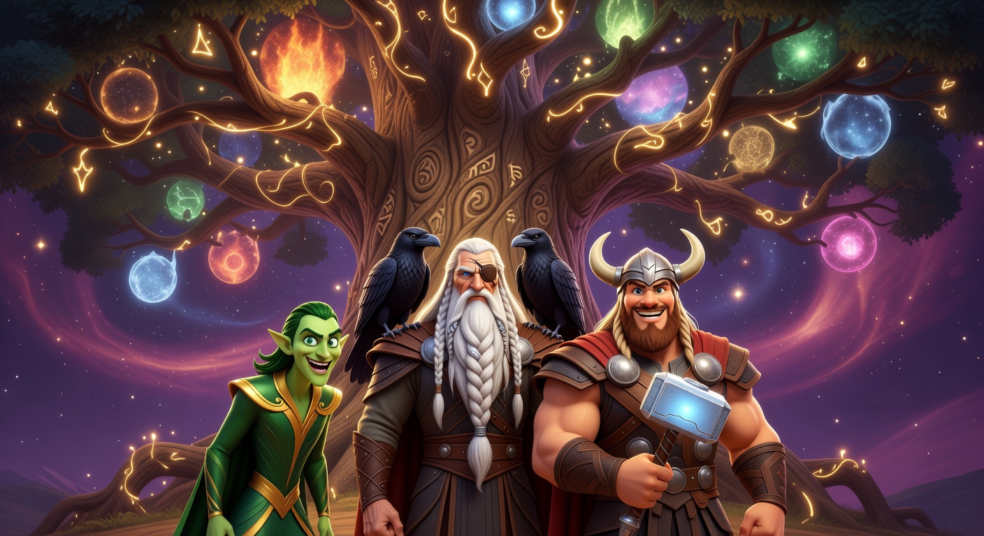 Pixar-style illustration of Norse gods Odin, Thor, and Loki standing before the giant World Tree Yggdrasil with its nine connected realms.
