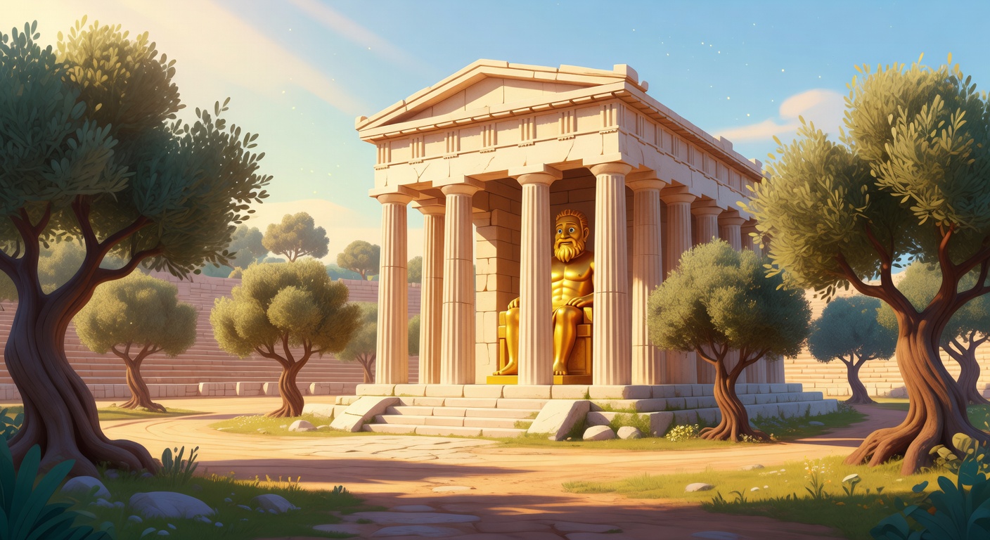 Pixar-style illustration of the ancient sanctuary at Olympia with grand Greek temple columns, the Temple of Zeus, and olive trees surrounding the sacred grounds.