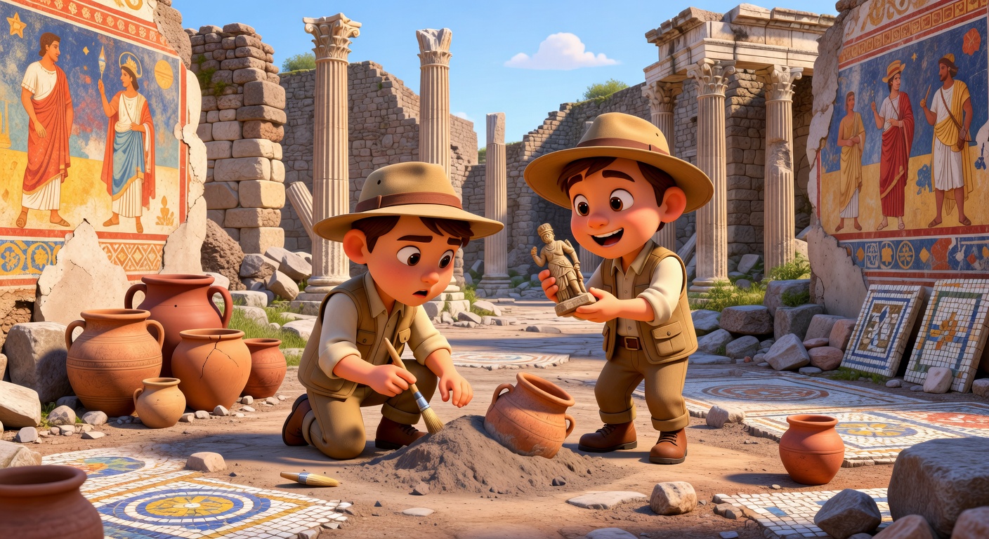 Pixar-style illustration of cartoon archaeologists carefully excavating ancient Roman ruins in Pompeii, discovering preserved artifacts and colorful wall paintings.
